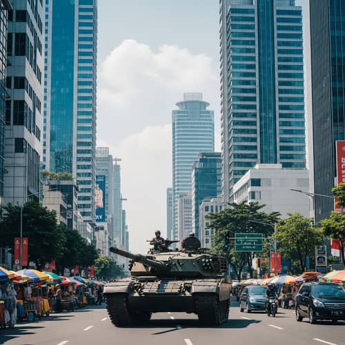 Tank Parade in Jakarta - Urban Scene with Modern Skyscrapers