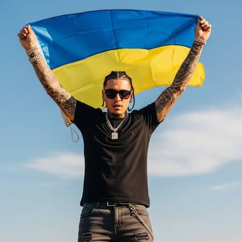 Stylish Rapper Waves Ukraine Flag | Modern Hip-Hop Style