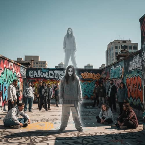 Ethereal Ghost Girl Among Hipster Crowds on Graffiti Rooftop