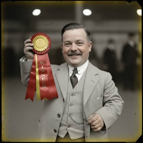 Vintage Small Chubby Man Winning Ribbon | Proud Early 20th Century Champion