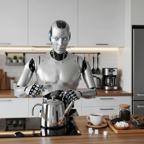 Advanced Humanoid Robot Brewing Tea in Modern Kitchen
