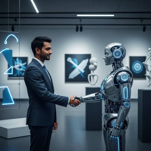 Futuristic Robot Handshake in Modern Art Setting