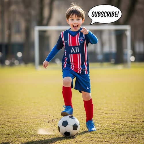 Child Playing Football in Blue and Red Jersey | Subscribe Now