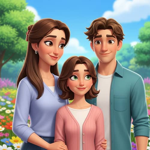 Modern Animated Style: Mother with Brown Hair & Eyes, Kids in Flower Garden