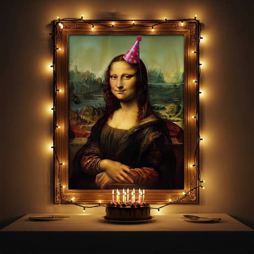 Mona Lisa Birthday Party Portrait with Festive Hat and Cake