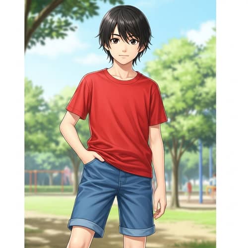 East Asian Boy in Blue Denim Shorts and Red T-shirt