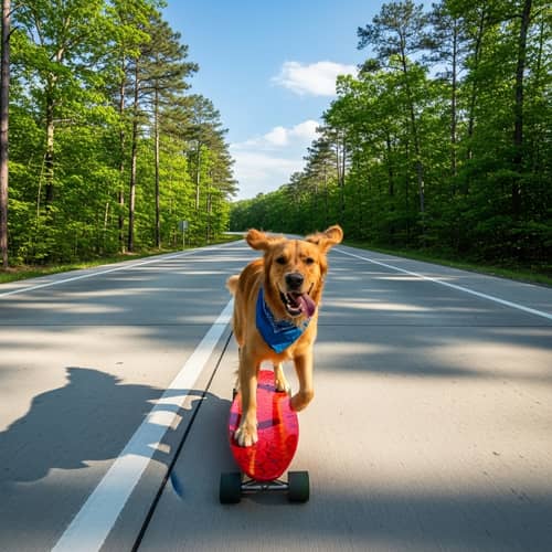 Joyful Dog Skateboarding Down Forest Highway