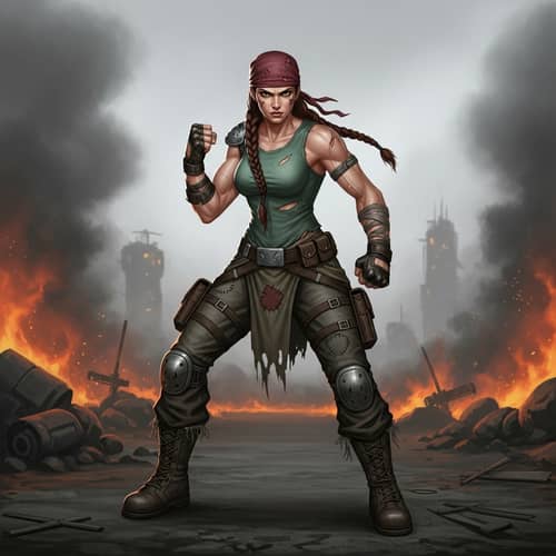 Fierce Warrior with Braid Hairstyle on Dystopian Battlefield