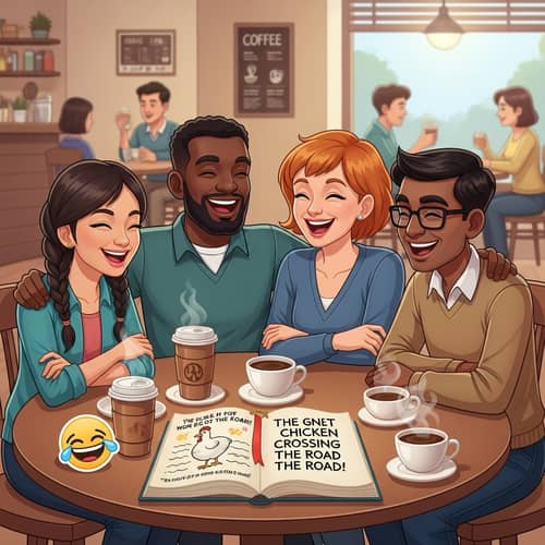 Diverse Cartoon Characters Laughing Over Joke Book | Coffee Shop