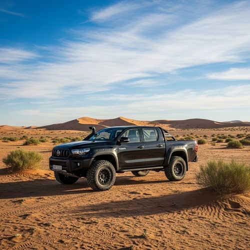 Black Pickup Truck in Arid Desert