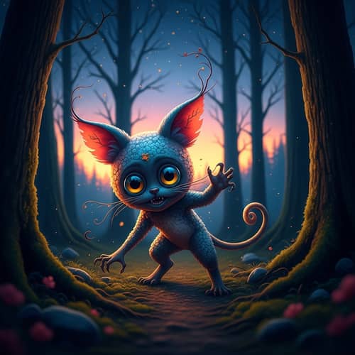 Whimsical Creature in Surreal Forest - Oil Painting Art