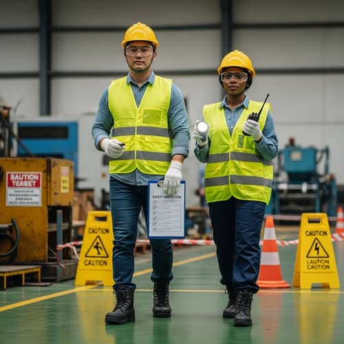 Diverse Safety Officers Ensuring Factory Regulations - Inspection Scene