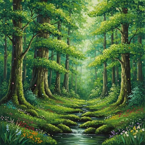 Lush and Verdant Forest Impressionistic Style Painting