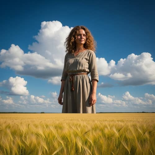 Gigantic Woman in Expansive Field - Tranquil Power in Nature