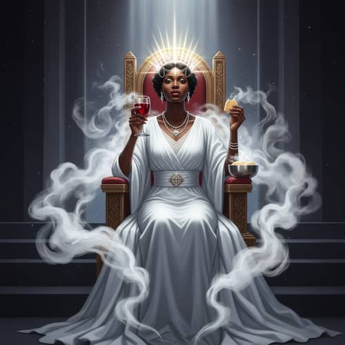 Radiant Black Woman Seated in New Jerusalem - Elegant Scene