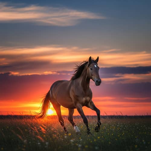 Graceful Horse Running in Wild Sunset Meadow