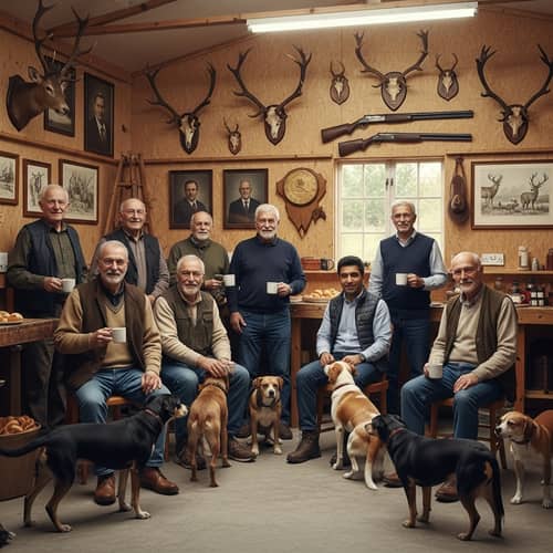 Bear Claw Militia Workshop: Diverse Elderly Men Gather for Coffee