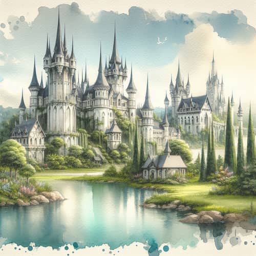 Fantasy Castle in Surreal Landscape - Majestic Watercolor Art