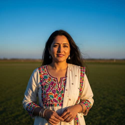 South Asian Woman In Vibrant Traditional Attire Under Blue Sky