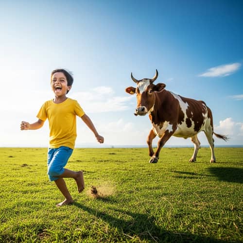 South Asian Child Running in Green Field with Cow Chase