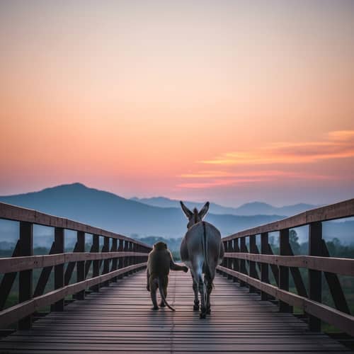 Monkey and Donkey Friendship Walking on Wooden Bridge at Sunset