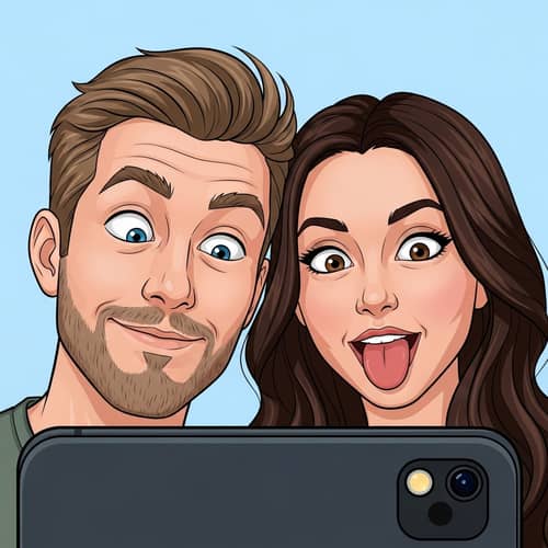Unique Cartoon Style Illustration of Two Individuals Taking Selfie