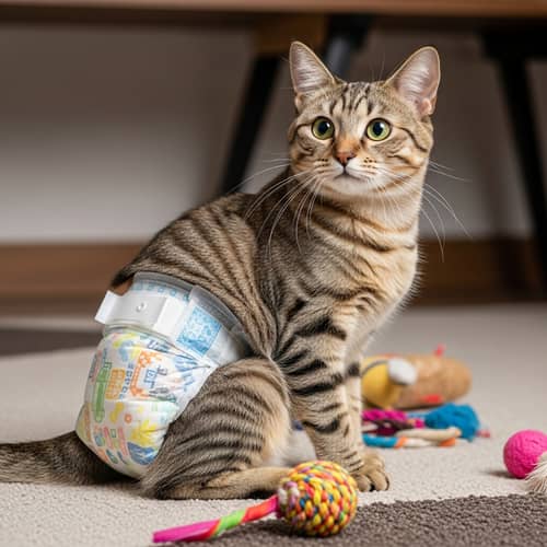 Adorable Cat in Disposable Diaper | Playful Feline on Carpet