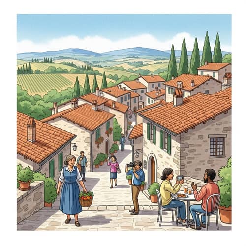 Enchanting Watercolor Painting of Quaint Italian Town in Rolling Countryside