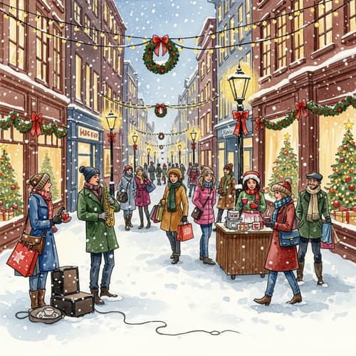 Christmas City Street Watercolor Painting - Festive Urban Scene