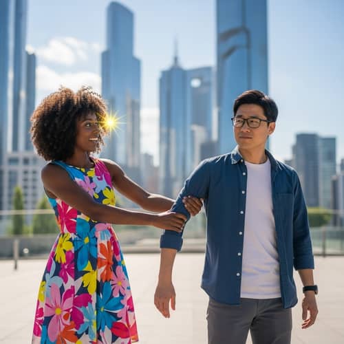 Modern Urban Scene: Curly-Haired Black Woman and Thoughtful Asian Man
