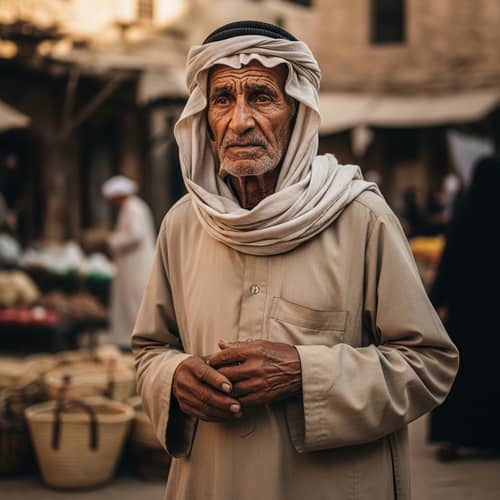 Elderly Arab Man Portraying Wisdom and Dignity in Humble Attire