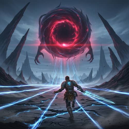 Epic Battle: Man vs. Giant Dark Sphere in Desolate Landscape