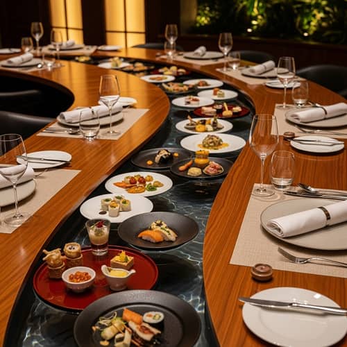 Unique Dining Experience: Floating Plates on Meandering Water Channel