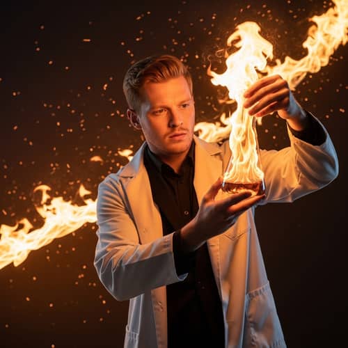 Red-haired Chemist in Black Suit Carrying Flaming Flask