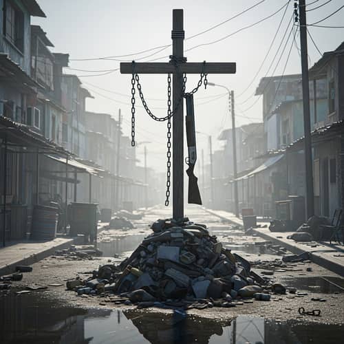 Weathered Wooden Cross with Shotgun in Slum Setting