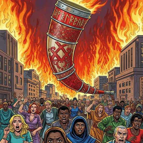 Dramatic Blowing Horn Scene: Intricate Red Runic Engravings & Flaming Buildings
