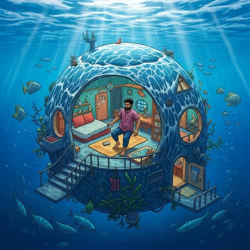 Surreal Underwater Habitat - South Asian Man in Ocean