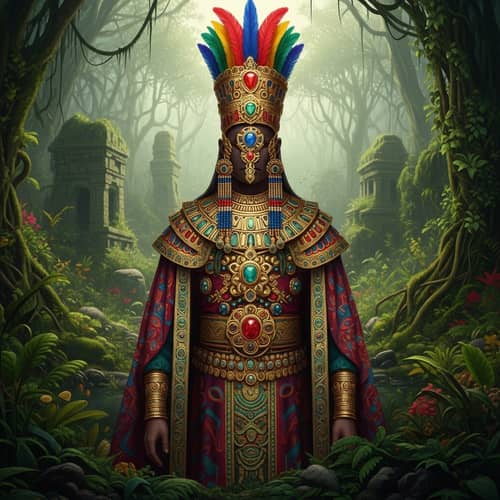 Ancient King's Distinctive Attire in Jungle with Ornate Jewelry & Lush Robes