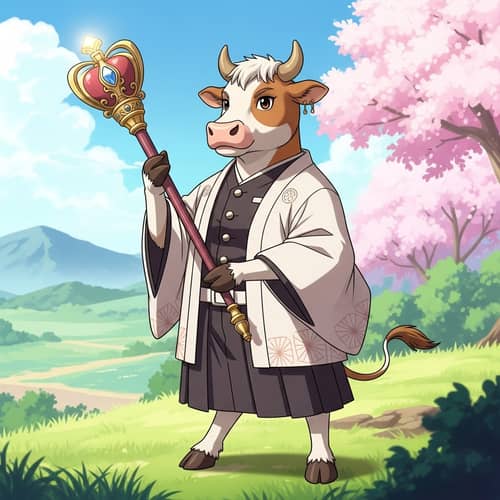 Anthropomorphic Cow with Scepter in Anime Style