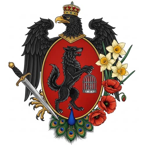 Intricate Wolf and Eagle Coat of Arms with Dagger and Flowers
