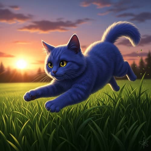 Cute Blue Cat Playing on Grass During Sunset