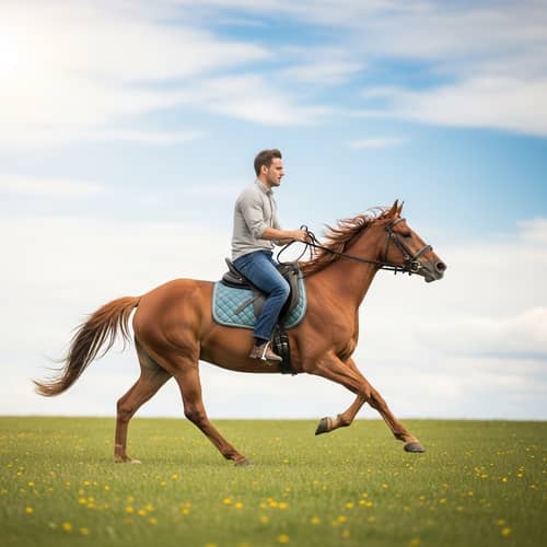 Confident Entrepreneur Lookalike on Horseback | Sunny Field Scene