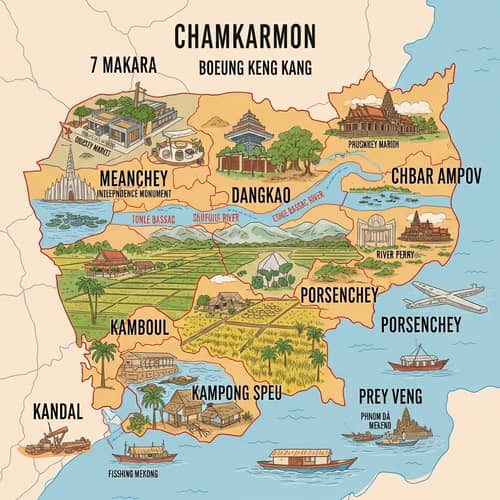 Illustrated Map of Cambodia: Makara, Kengkong, Chamkarmon & More