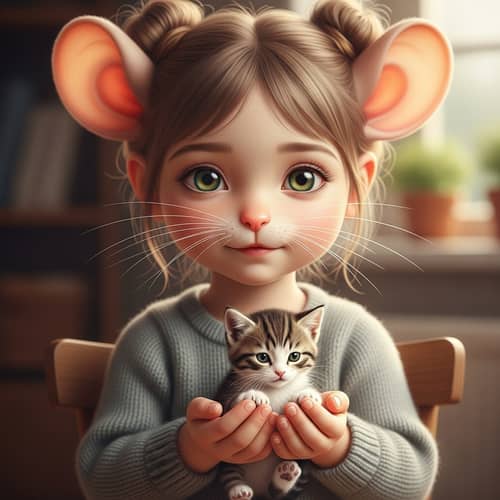 Girl with Mouse-Like Features Holding Kitten | Website Name