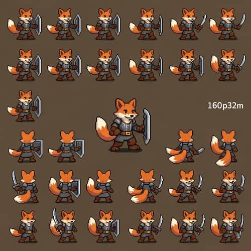 Pixel Art Sprite Sheet of Anthropomorphic Fox for Dungeons-and-Dragons-Style RPG
