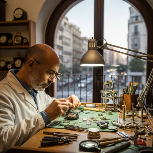 Hispanic Clockmaker in White Lab Coat | Expert Clock Repair