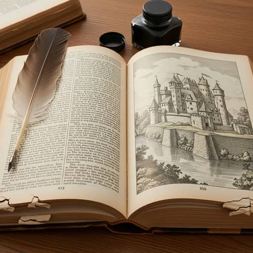Vintage Open Hardcover Book with Medieval Castle Illustration