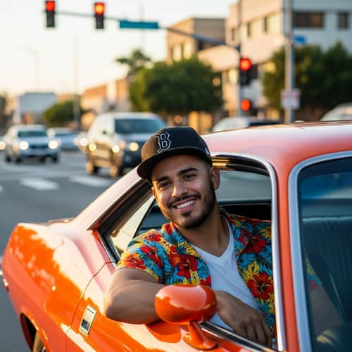 Hispanic Man in Flamboyant Shirt Waiting in Orange Car
