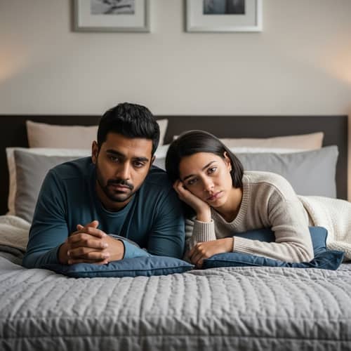 Intimate Moment: Couple in Bedroom Sharing Sadness