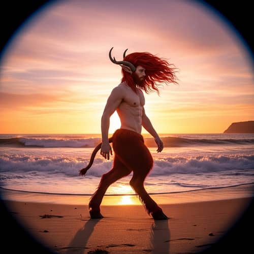 Enigmatic Red-Haired Faun Walking on Beach at Sunset
